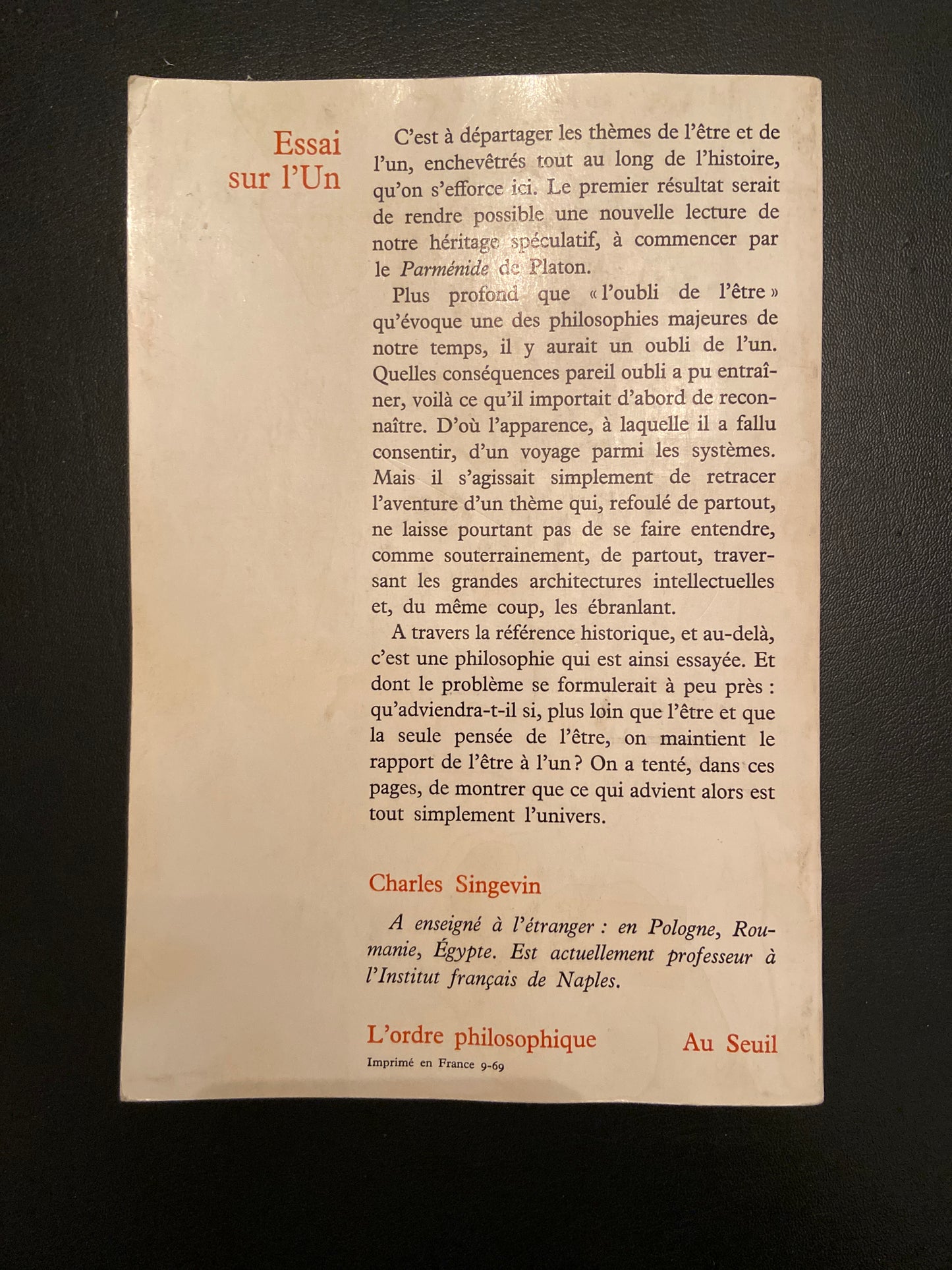ESSAI SUR L'UN