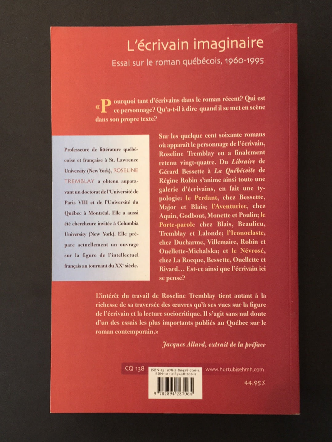 L'ÉCRIVAIN IMAGINAIRE - ESSAI SUR LE ROMAN QUÉBÉCOIS 1960-1995