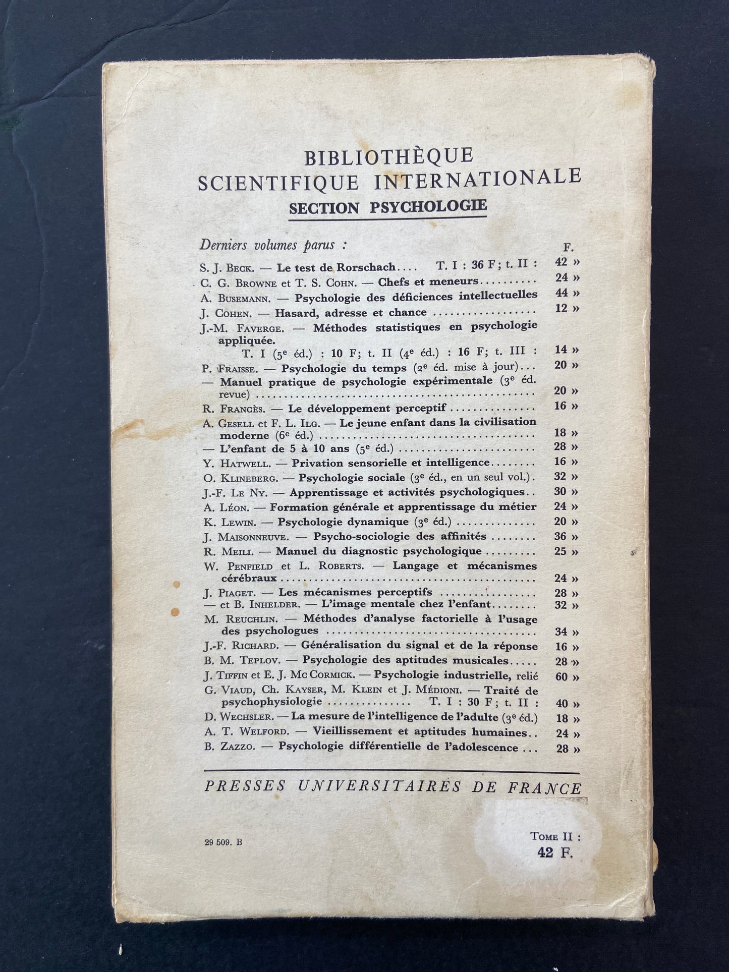 LE TEST DE RORSCHACH - TOMES PREMIER ET SECOND