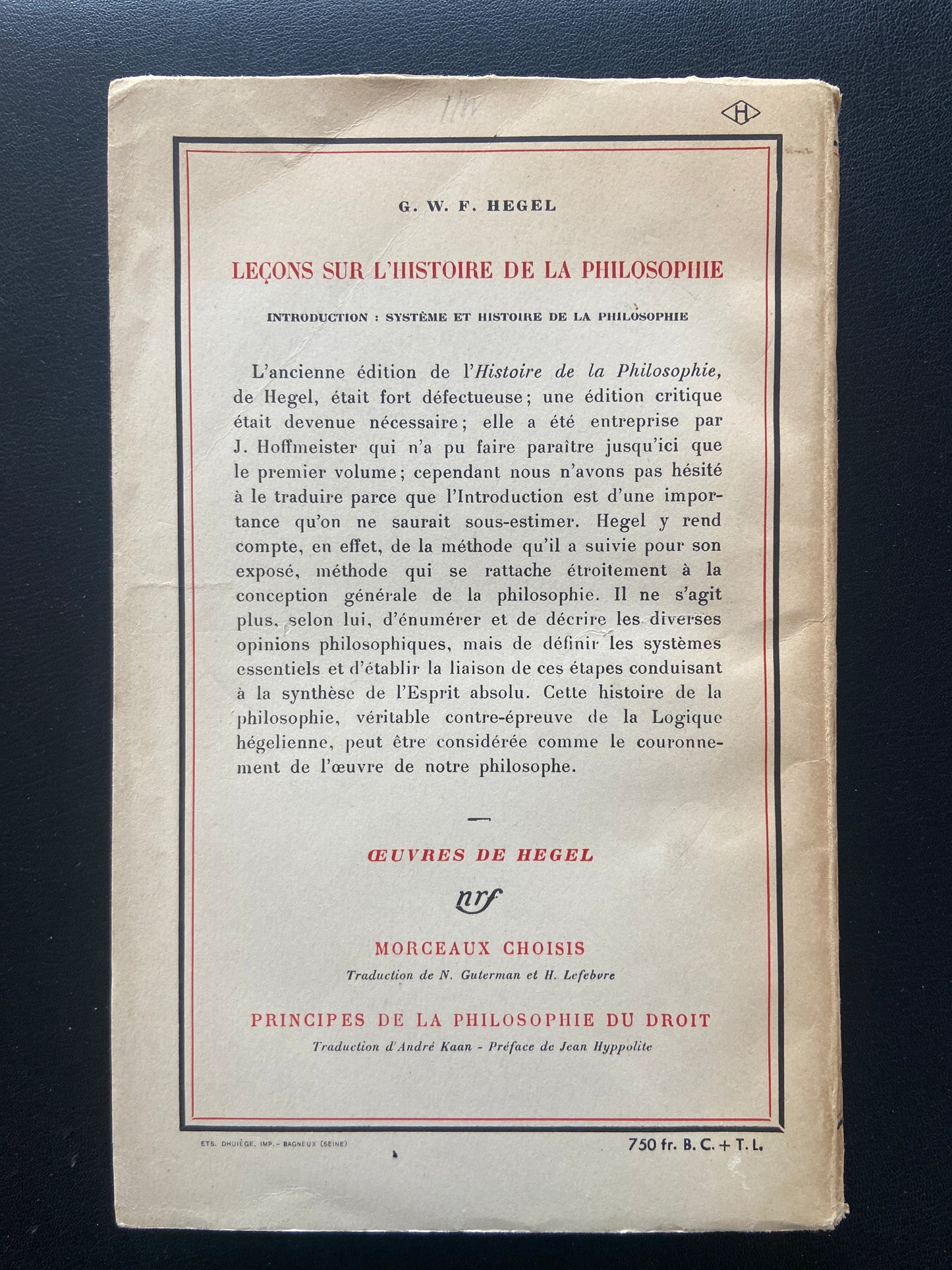 LEÇONS SUR L'HISTOIRE DE LA PHILOSOPHIE