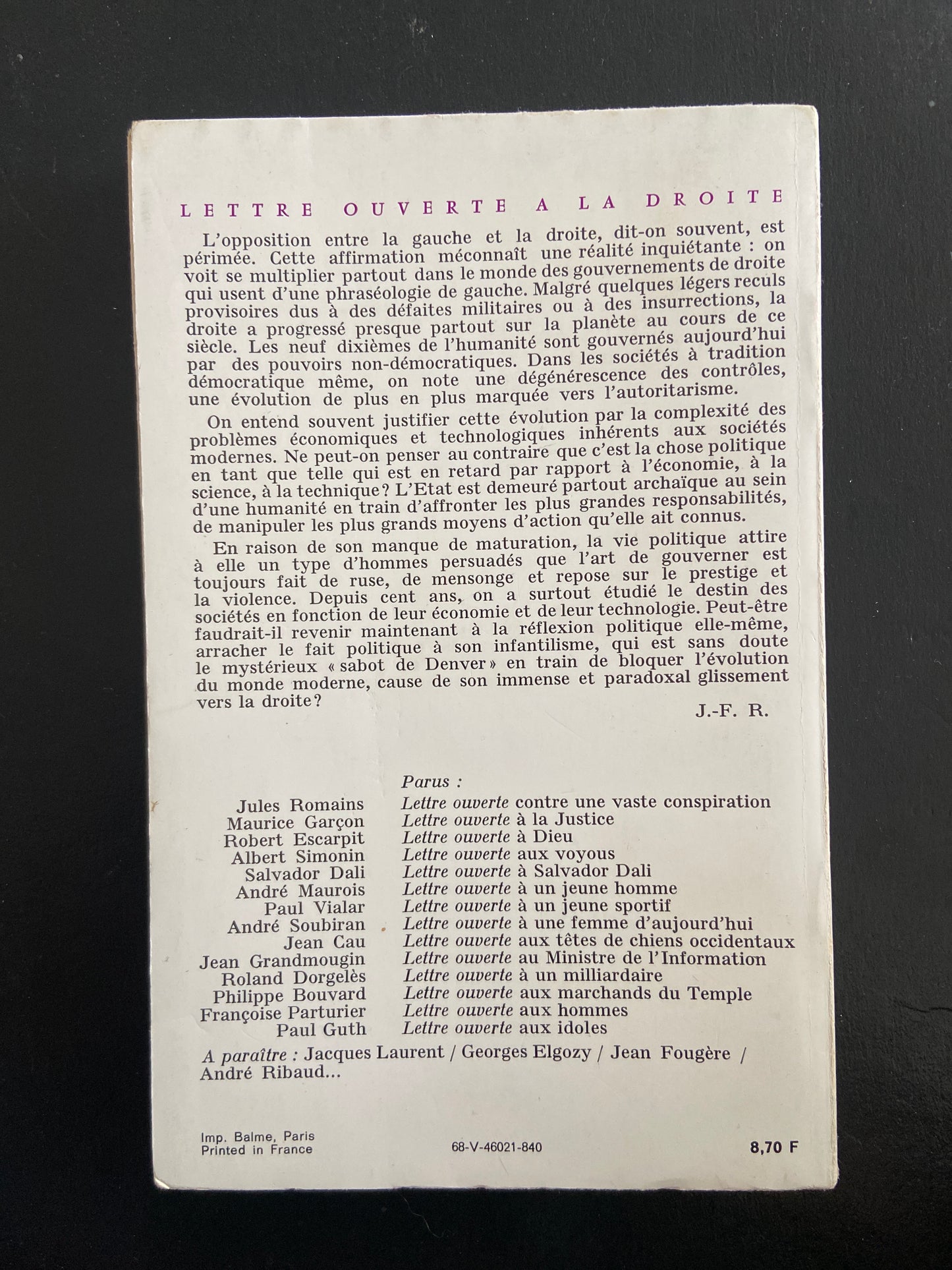 LETTRE OUVERTE À LA DROITE