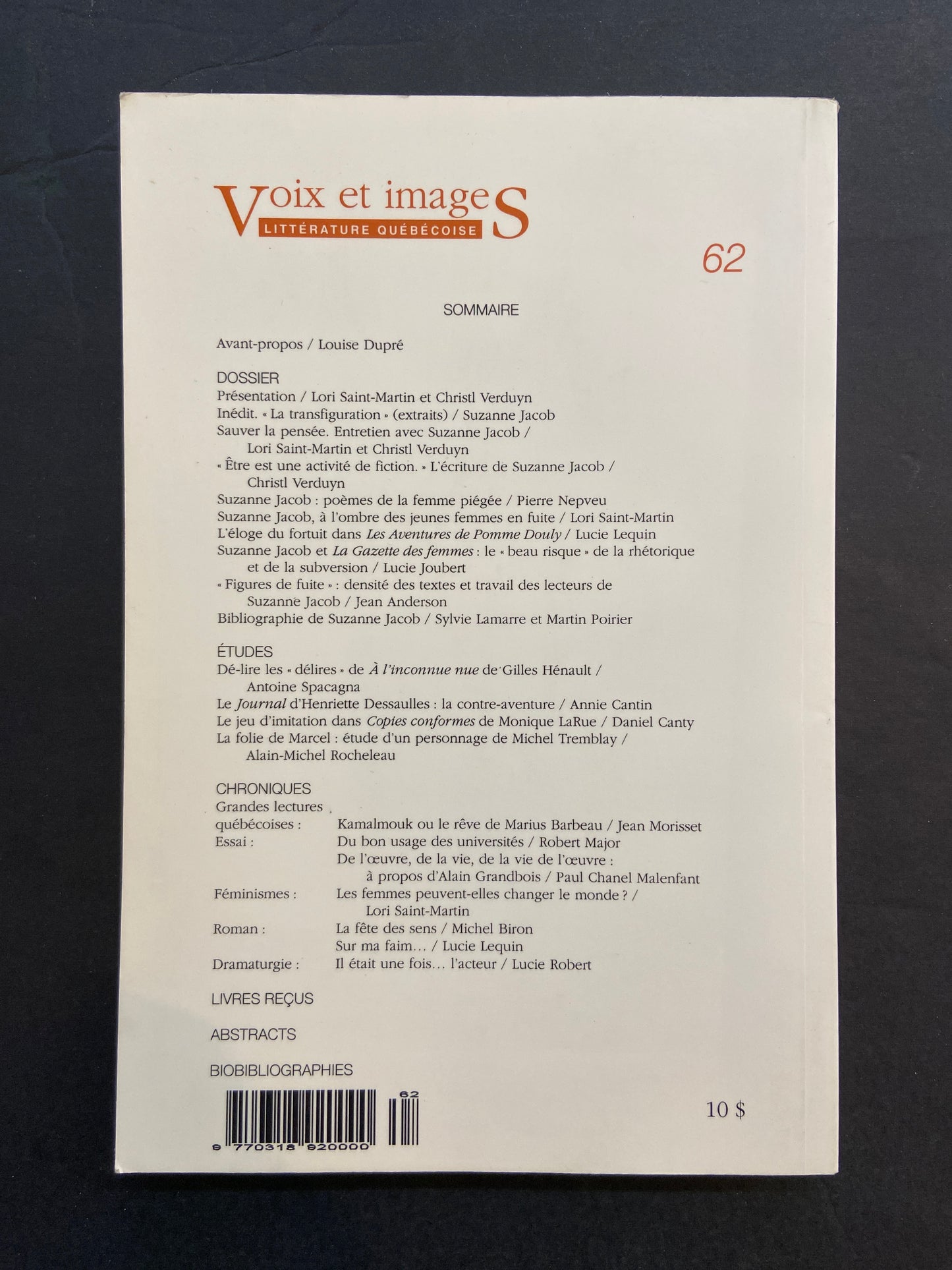 VOIX ET IMAGES - LITTÉRATURE QUÉBÉCOISE - N°62 SUZANNE JACOB