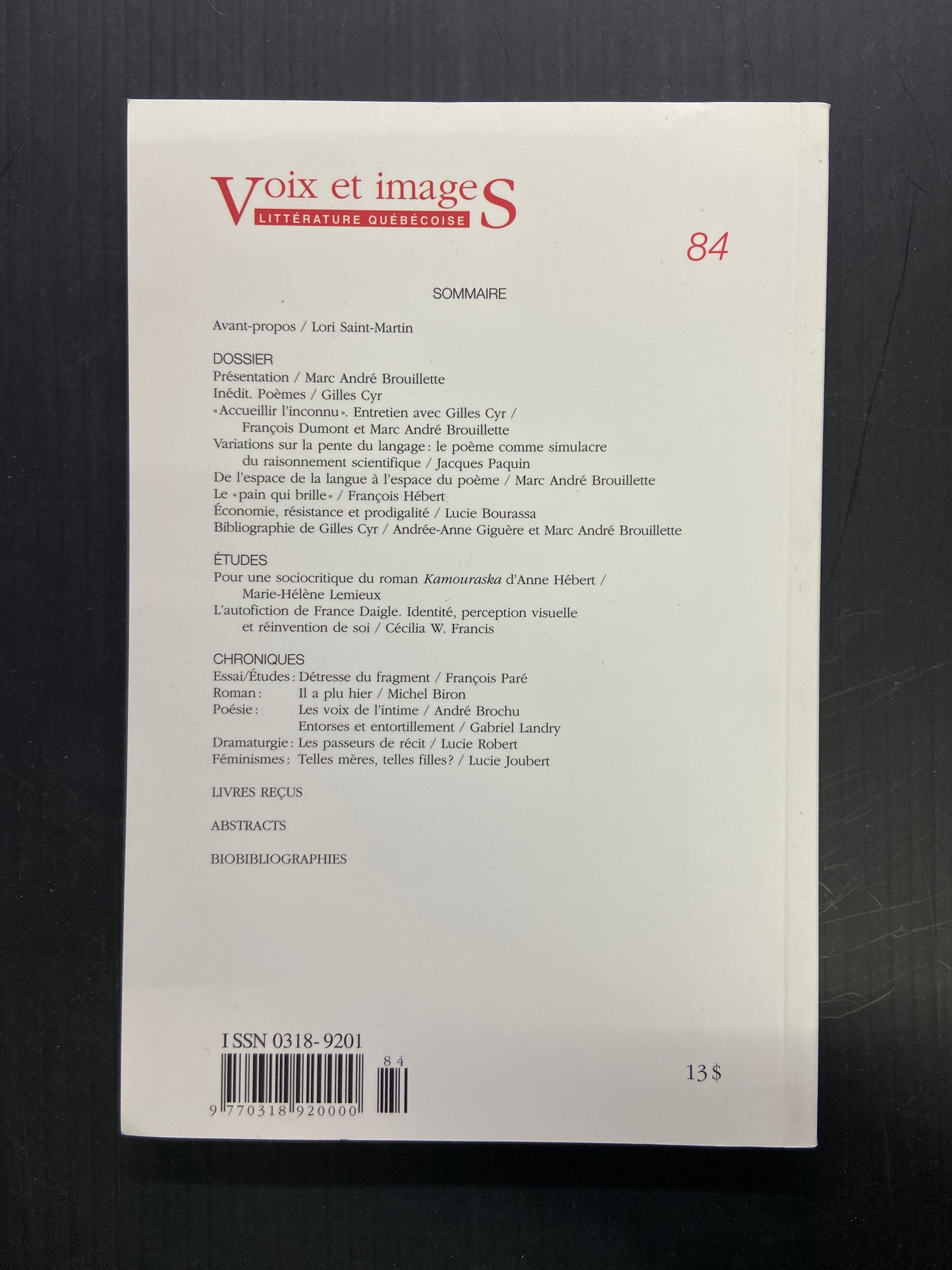 VOIX ET IMAGES - LITTÉRATURE QUÉBÉCOISE - N°84 GILLES CYR