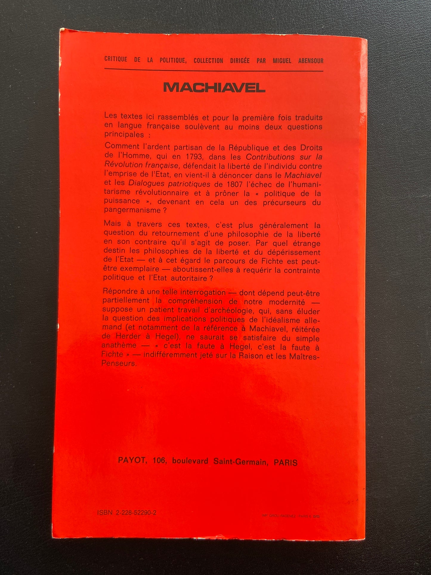 MACHIAVEL ET AUTRES ÉCRITS PHILOSOPHIQUES ET POLITIQUES DE 1806-1807