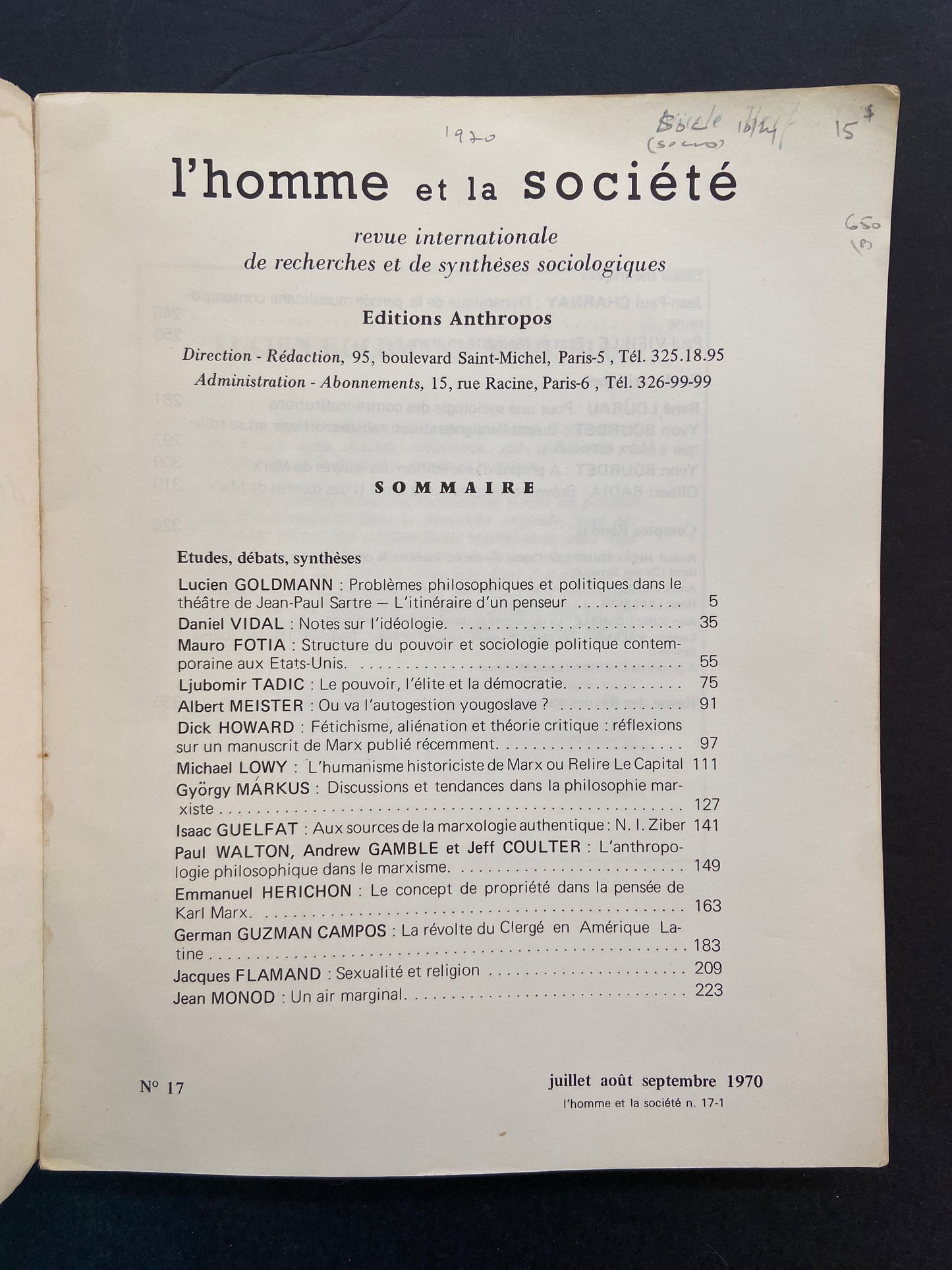 L'HOMME ET LA SOCIÉTÉ - REVUE INTERNATIONALE DE RECHERCHES ET DE SYNTHÈSES SOCIOLOGIQUES - N°17