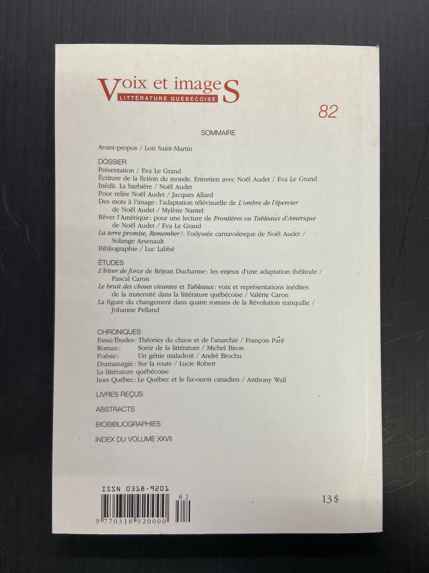 VOIX ET IMAGES - LITTÉRATURE QUÉBÉCOISE - N°82 NOËL AUDET