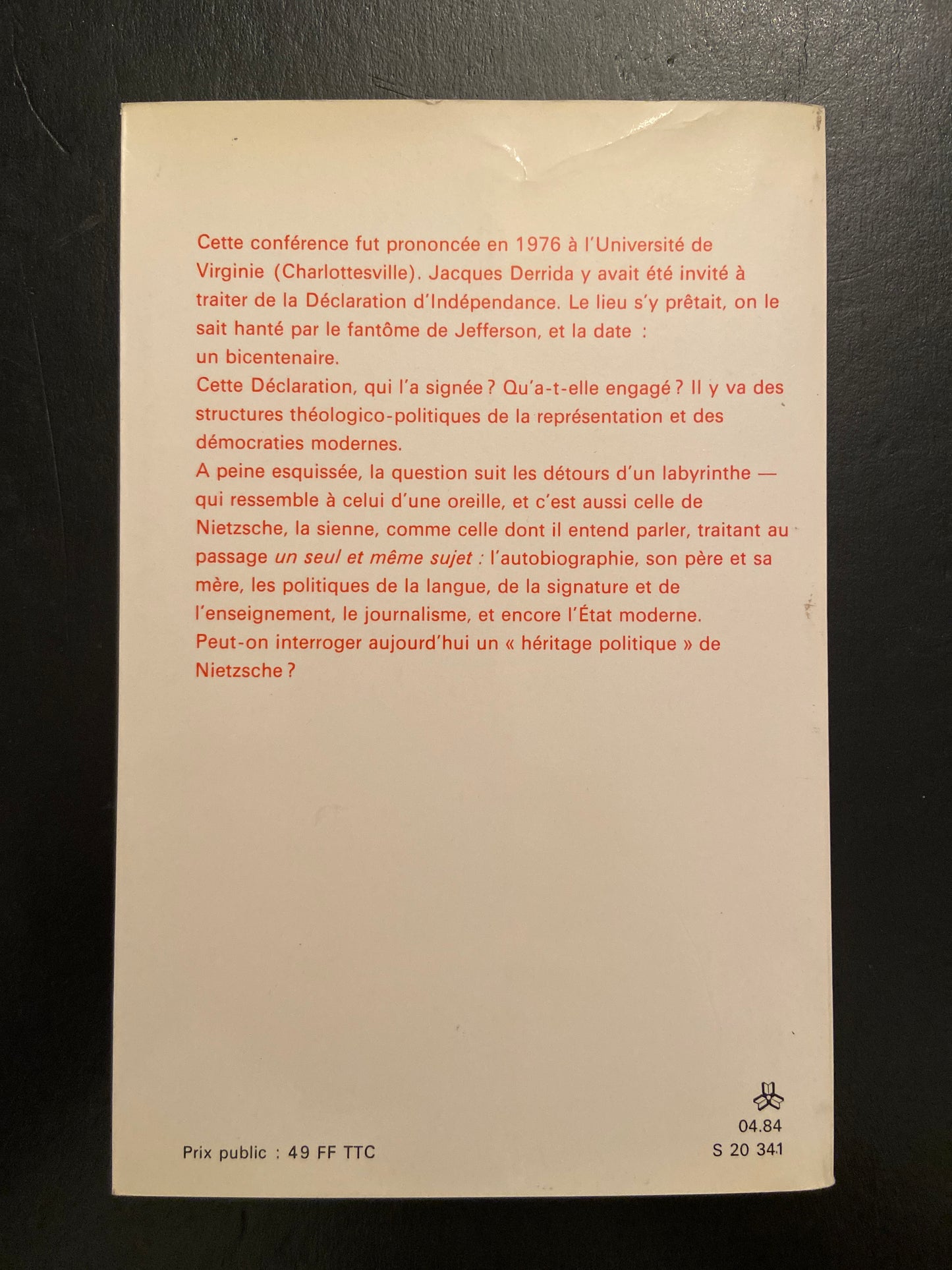 OTOBIOGRAPHIES - L'ENSEIGNEMENT DE NIETZSCHE ET LA POLITIQUE DU NOM PROPRE